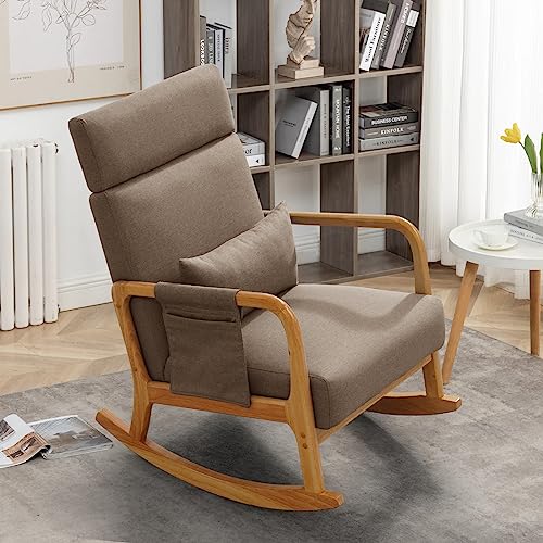 COCOLHOME Nursery Rocking Chair Linen Fabric Solid Wood Upholstered with High Backrest Side Pocket Modern Armchair Accent Rocker Glider Chair for Living Room,Bedroom(Brown)