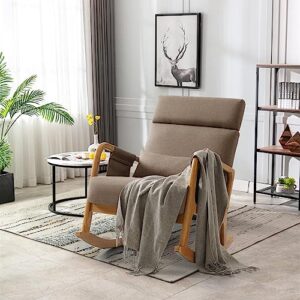 COCOLHOME Nursery Rocking Chair Linen Fabric Solid Wood Upholstered with High Backrest Side Pocket Modern Armchair Accent Rocker Glider Chair for Living Room,Bedroom(Brown)