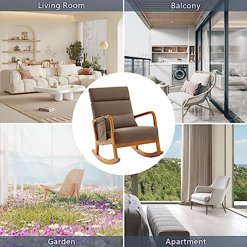 COCOLHOME Nursery Rocking Chair Linen Fabric Solid Wood Upholstered with High Backrest Side Pocket Modern Armchair Accent Rocker Glider Chair for Living Room,Bedroom(Brown)