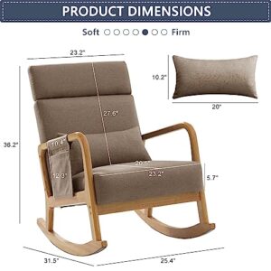 COCOLHOME Nursery Rocking Chair Linen Fabric Solid Wood Upholstered with High Backrest Side Pocket Modern Armchair Accent Rocker Glider Chair for Living Room,Bedroom(Brown)