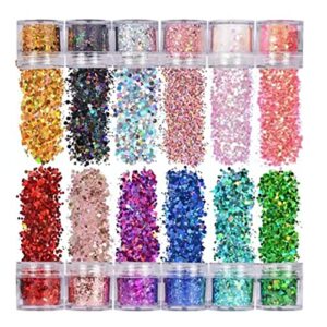 12 Colors Glitter Sequins Star Hex Shape Nail Flakes Decals PET Safe Thin for Nails Art Decoration Hair Eyes Face Body DIY Craft Festival Party Makeup