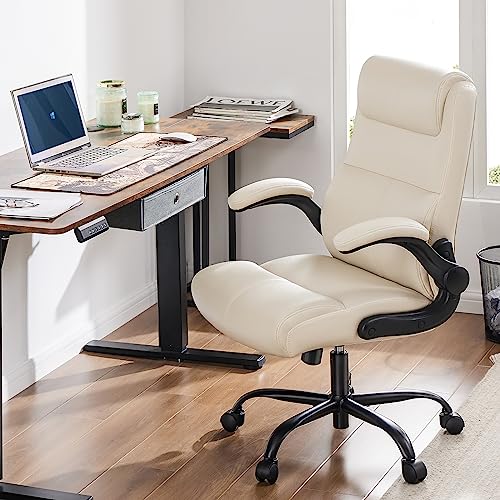 Office Chair - Ergonomic Executive Computer Desk Chair with Flip-up Armrest, Mid Back PU Leather 360° Swivel Task Chair with Lumbar Support and Wheels, Metal Base