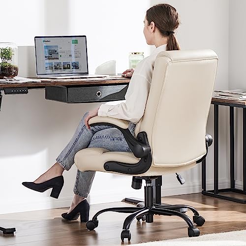 Office Chair - Ergonomic Executive Computer Desk Chair with Flip-up Armrest, Mid Back PU Leather 360° Swivel Task Chair with Lumbar Support and Wheels, Metal Base