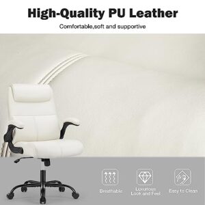 Office Chair - Ergonomic Executive Computer Desk Chair with Flip-up Armrest, Mid Back PU Leather 360° Swivel Task Chair with Lumbar Support and Wheels, Metal Base