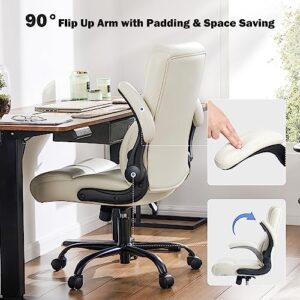 Office Chair - Ergonomic Executive Computer Desk Chair with Flip-up Armrest, Mid Back PU Leather 360° Swivel Task Chair with Lumbar Support and Wheels, Metal Base