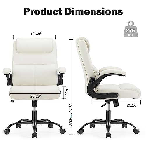 Office Chair - Ergonomic Executive Computer Desk Chair with Flip-up Armrest, Mid Back PU Leather 360° Swivel Task Chair with Lumbar Support and Wheels, Metal Base