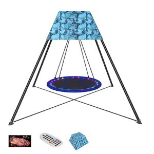 outdoor swing set, swing stand with tent & swing, trapezoidal swing set with heavy duty galvanized steel frame & led strips for boys girls teens garden backyard playground