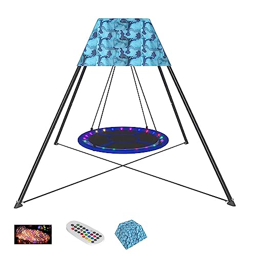 Outdoor Swing Set, Swing Stand with Tent & Swing, Trapezoidal Swing Set with Heavy Duty Galvanized Steel Frame & LED Strips for Boys Girls Teens Garden Backyard Playground