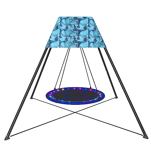 Outdoor Swing Set, Swing Stand with Tent & Swing, Trapezoidal Swing Set with Heavy Duty Galvanized Steel Frame & LED Strips for Boys Girls Teens Garden Backyard Playground