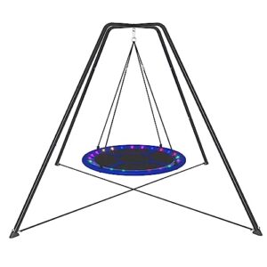 Outdoor Swing Set, Swing Stand with Tent & Swing, Trapezoidal Swing Set with Heavy Duty Galvanized Steel Frame & LED Strips for Boys Girls Teens Garden Backyard Playground