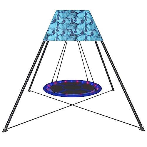 Outdoor Swing Set, Swing Stand with Tent & Swing, Trapezoidal Swing Set with Heavy Duty Galvanized Steel Frame & LED Strips for Boys Girls Teens Garden Backyard Playground