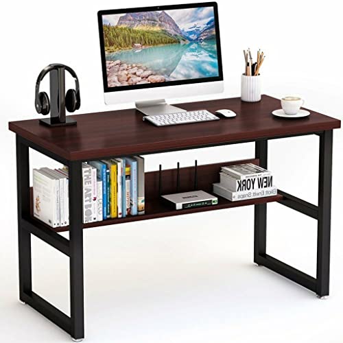 Modern Standing Desk Executive Desk Modern Style Computer Desk with 1 Shelves for Home and Office Industrial Morden Writing Table for PC Laptop Stand Up Side Table (Wine, One Size)