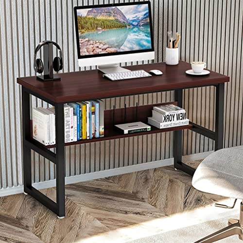 Modern Standing Desk Executive Desk Modern Style Computer Desk with 1 Shelves for Home and Office Industrial Morden Writing Table for PC Laptop Stand Up Side Table (Wine, One Size)