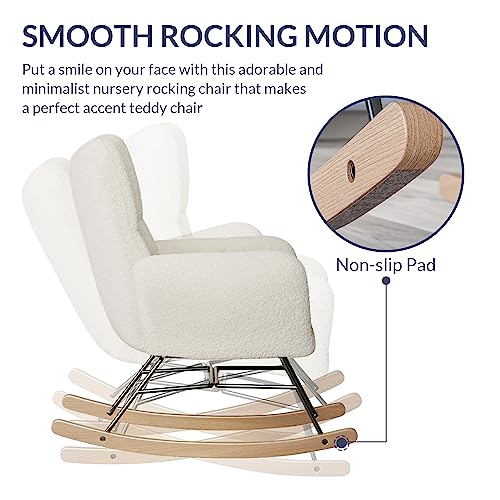 BELLEZE Rocking Chair, Nursery Chair Upholstered Glider Chair with Cushioned Back and Armrests, Wide Seat Rocker Chair for Bedroom, Nursery Room, Living Room, Office, Guest Room (Lucy - White)