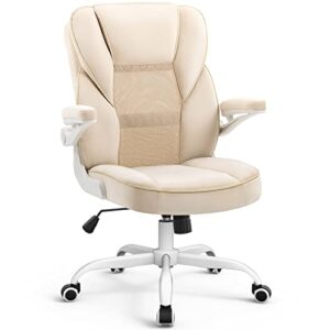 seatzone ergonomic home office desk chair with flip-up armrests, 360 swivel chair, comfortable beige velvet fabric executive computer chair with wheels for adults and teens