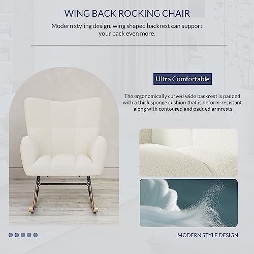 BELLEZE Rocking Chair, Nursery Chair Upholstered Glider Chair with Cushioned Back and Armrests, Wide Seat Rocker Chair for Bedroom, Nursery Room, Living Room, Office, Guest Room (Lucy - White)