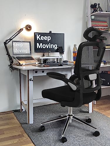 Mesh Ergonomic Swivel Office Chair with Flip Up Arms and Lumbar Support, High Back Desk Chair, High Adjustable Headrest, Tilt Function, Computer Chair, Executive Chair for Home Office(Black)