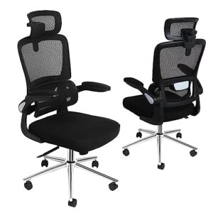 Mesh Ergonomic Swivel Office Chair with Flip Up Arms and Lumbar Support, High Back Desk Chair, High Adjustable Headrest, Tilt Function, Computer Chair, Executive Chair for Home Office(Black)