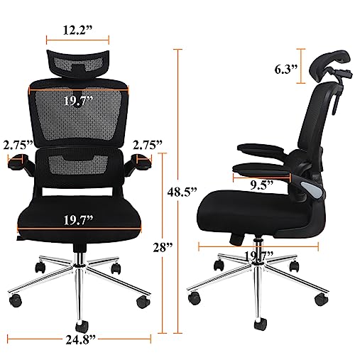 Mesh Ergonomic Swivel Office Chair with Flip Up Arms and Lumbar Support, High Back Desk Chair, High Adjustable Headrest, Tilt Function, Computer Chair, Executive Chair for Home Office(Black)