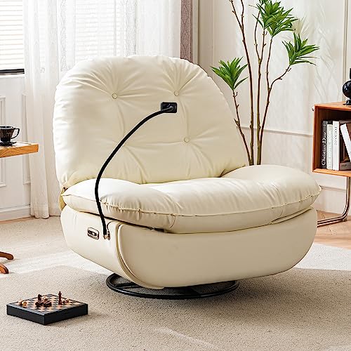 Electric Power Recliner Chair 360° Swivel Upholstered High-Density Sponge Sofa Glider Comfy Rocking Chair with USB Ports, Phone Holder, Leather Home Theater Seating with Hidden Arm Storage (White)