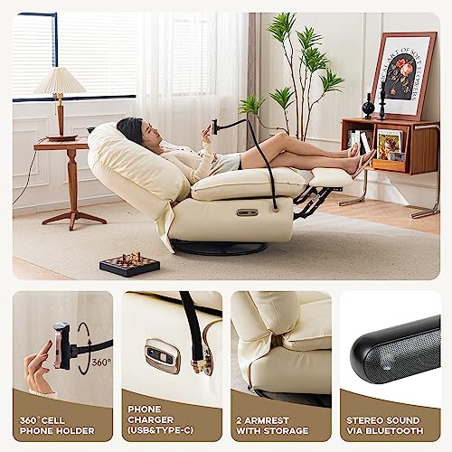 Electric Power Recliner Chair 360° Swivel Upholstered High-Density Sponge Sofa Glider Comfy Rocking Chair with USB Ports, Phone Holder, Leather Home Theater Seating with Hidden Arm Storage (White)