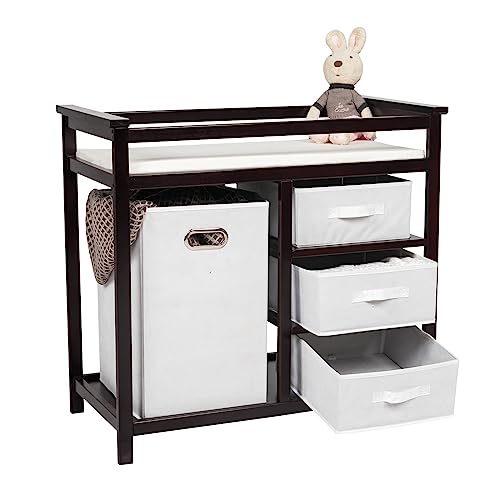 Woodden Baby Changing Table - kinbor Diaper Changing Table Station Dresser for Newborn, Nursery Organizer with Pad, Laundry Hamper and 3 Storage Baskets, Brown