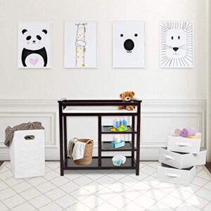 Woodden Baby Changing Table - kinbor Diaper Changing Table Station Dresser for Newborn, Nursery Organizer with Pad, Laundry Hamper and 3 Storage Baskets, Brown