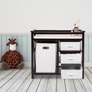 Woodden Baby Changing Table - kinbor Diaper Changing Table Station Dresser for Newborn, Nursery Organizer with Pad, Laundry Hamper and 3 Storage Baskets, Brown