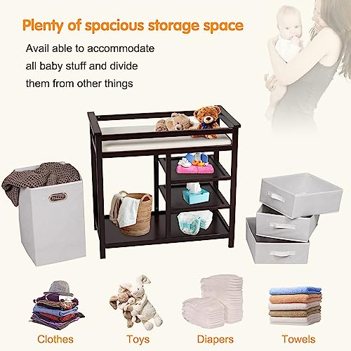 Woodden Baby Changing Table - kinbor Diaper Changing Table Station Dresser for Newborn, Nursery Organizer with Pad, Laundry Hamper and 3 Storage Baskets, Brown