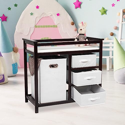 Woodden Baby Changing Table - kinbor Diaper Changing Table Station Dresser for Newborn, Nursery Organizer with Pad, Laundry Hamper and 3 Storage Baskets, Brown