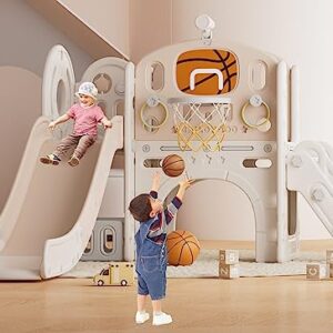 Toddler Slide, 8 in 1 Toddler Indoor Outdoor Playset with Slide, Climber, Basketball Hoop and Ball, Tunnel Crawl, Telescope and Storage Space, Kids Playground Sets for Backyards & Indoor (Coffee)