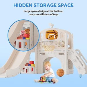 Toddler Slide, 8 in 1 Toddler Indoor Outdoor Playset with Slide, Climber, Basketball Hoop and Ball, Tunnel Crawl, Telescope and Storage Space, Kids Playground Sets for Backyards & Indoor (Coffee)