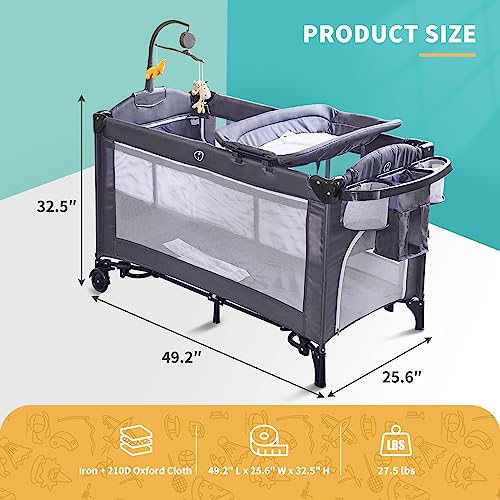 5-in-1 Baby Bedside Sleeper with Bassinet, Multifunction Bedside Baby Crib from Newborn to Toddlers, U-Shaped Diaper Changer, Safety Strap, Music Box & Hanging Toys, Baby Playard Deluxe Nursery Center