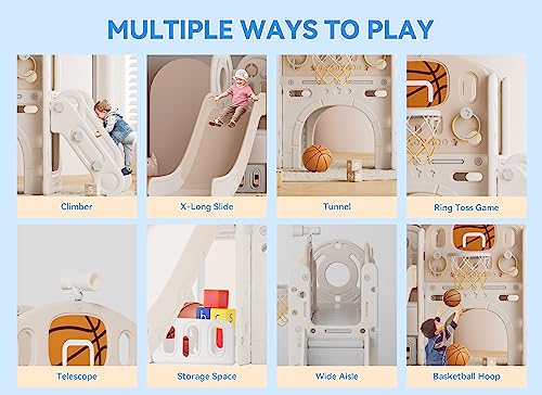 Toddler Slide, 8 in 1 Toddler Indoor Outdoor Playset with Slide, Climber, Basketball Hoop and Ball, Tunnel Crawl, Telescope and Storage Space, Kids Playground Sets for Backyards & Indoor (Coffee)