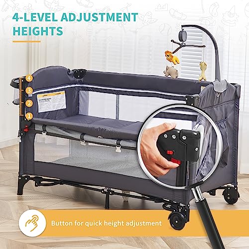 5-in-1 Baby Bedside Sleeper with Bassinet, Multifunction Bedside Baby Crib from Newborn to Toddlers, U-Shaped Diaper Changer, Safety Strap, Music Box & Hanging Toys, Baby Playard Deluxe Nursery Center