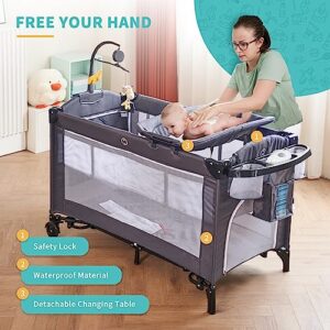 5-in-1 Baby Bedside Sleeper with Bassinet, Multifunction Bedside Baby Crib from Newborn to Toddlers, U-Shaped Diaper Changer, Safety Strap, Music Box & Hanging Toys, Baby Playard Deluxe Nursery Center