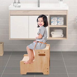 YEBDD Wooden 2-Step Stool with Maple Finish for Kids and Adults, Features 2 Convenient Carrying Handles, Suitable for Individuals Up to 200lbs