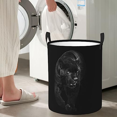 Animal Panther Printed Round Laundry Hamper,Collapsible Clothes Hamper Storage With Handle,Canvas Fabric Waterproof Storage Bin