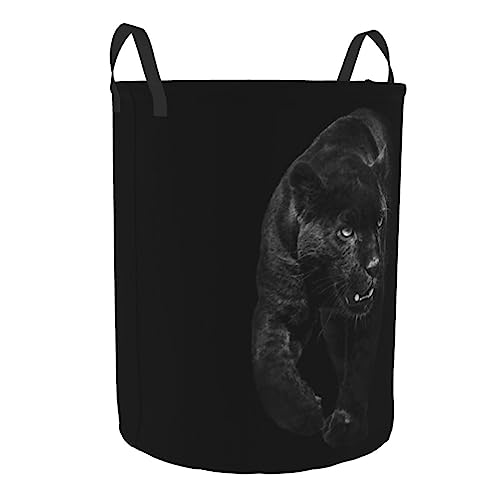 Animal Panther Printed Round Laundry Hamper,Collapsible Clothes Hamper Storage With Handle,Canvas Fabric Waterproof Storage Bin