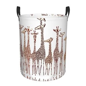 cute wild cartoon giraffes printed round laundry hamper,collapsible clothes hamper storage with handle,canvas fabric waterproof storage bin