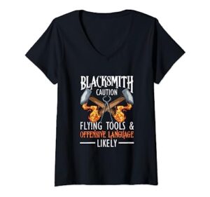 forging blacksmithing forge blacksmith caution flying tools v-neck t-shirt