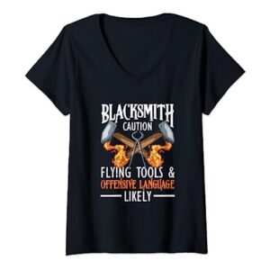 Forging Blacksmithing Forge Blacksmith Caution Flying Tools V-Neck T-Shirt