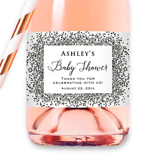 Baby Shower - Custom Silver Gray Glitter (Not Real Foil) Mini Champagne Bottle Label, Personalized Waterproof Mini Wine Bottle Sticker for Baby Shower