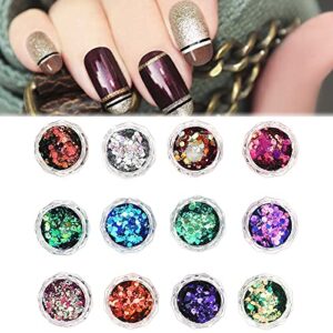 Nail Art Glitter Sequins, Holographic Nail Art Sequins Glitter Kits, Iridescent Flakes Mixed Color Nail Glitter Decorations, 12 Boxes/Set