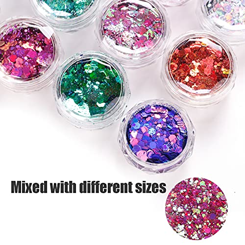 Nail Art Glitter Sequins, Holographic Nail Art Sequins Glitter Kits, Iridescent Flakes Mixed Color Nail Glitter Decorations, 12 Boxes/Set