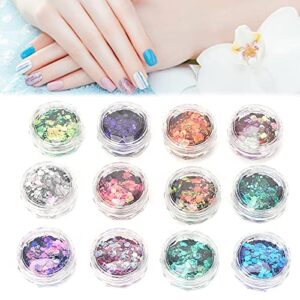 Nail Art Glitter Sequins, Holographic Nail Art Sequins Glitter Kits, Iridescent Flakes Mixed Color Nail Glitter Decorations, 12 Boxes/Set