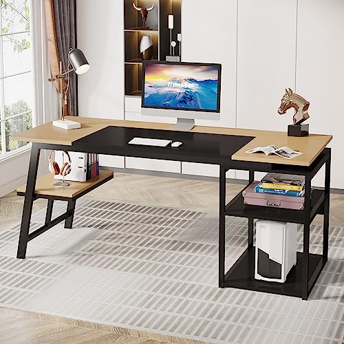 Tribesigns 63” Executive Desk with Storage Shelves, Large Office Computer Desk with Sturdy Metal Frame, Modern Study Writing Desk Workstation for Home Office, Natural/Black