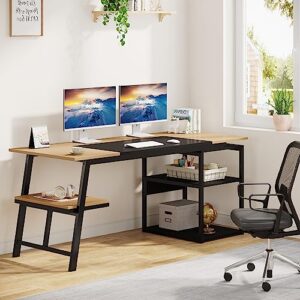 Tribesigns 63” Executive Desk with Storage Shelves, Large Office Computer Desk with Sturdy Metal Frame, Modern Study Writing Desk Workstation for Home Office, Natural/Black