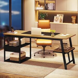 Tribesigns 63” Executive Desk with Storage Shelves, Large Office Computer Desk with Sturdy Metal Frame, Modern Study Writing Desk Workstation for Home Office, Natural/Black