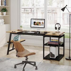 Tribesigns 63” Executive Desk with Storage Shelves, Large Office Computer Desk with Sturdy Metal Frame, Modern Study Writing Desk Workstation for Home Office, Natural/Black